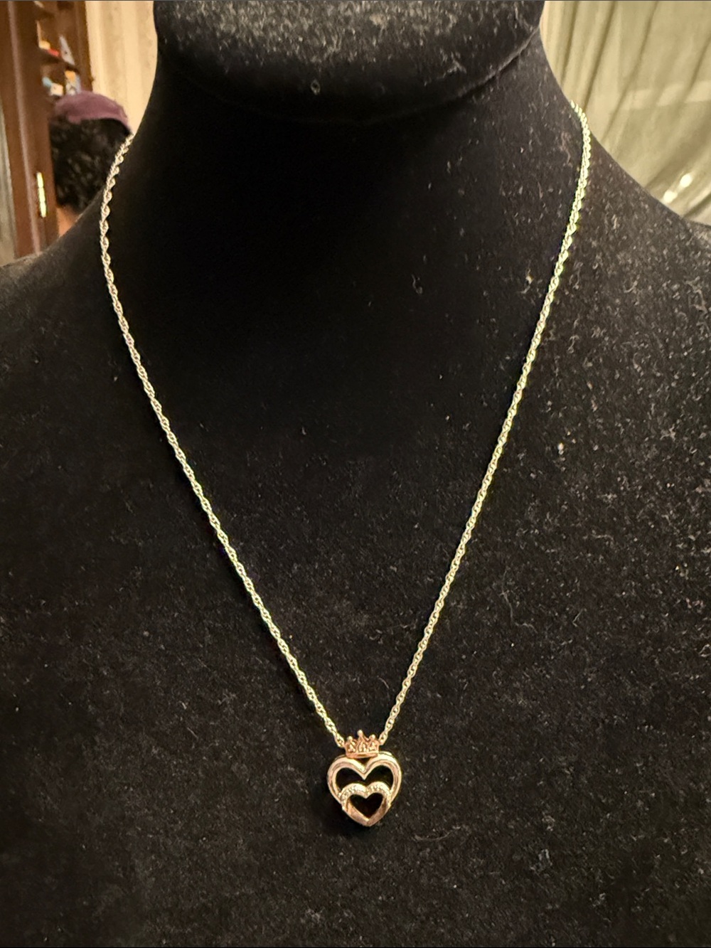 Genuine sterling and diamond double heart pendant necklace on delicate chain